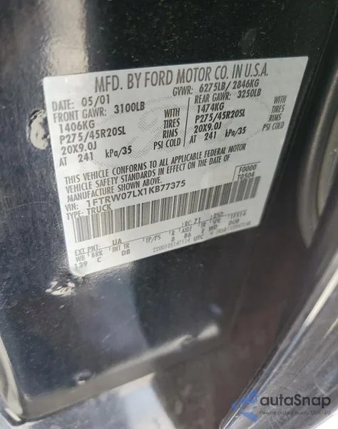 2001 Ford F150 Supercrew z USA, uszkodzony, nr VIN 1FTRW07LX1KB77375